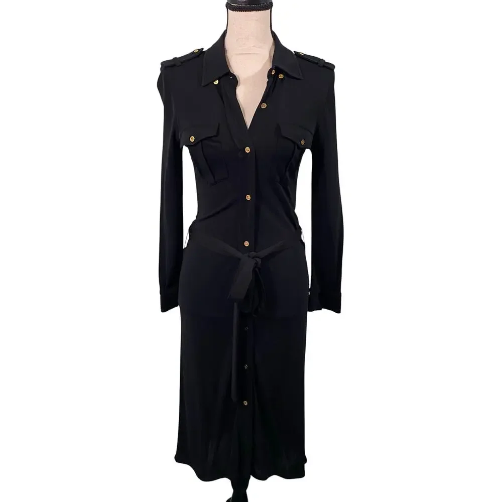 Tory Burch Women Black with Gold Buttons Button Up Jersey Shirt Dress Size XS